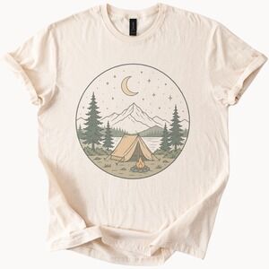 Camping Under Stars Graphic Tee Vintage Mountain Landscape Natural